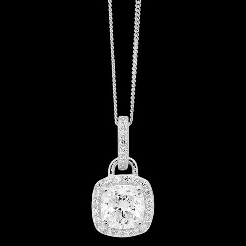 ELLANI STERLING SILVER CUSHION CUT CZ SURROUND NECKLACE