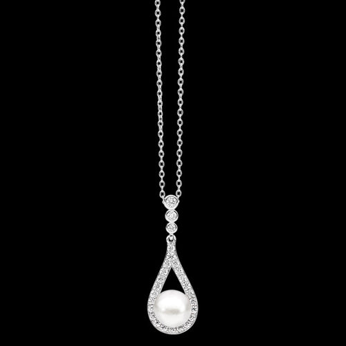 ELLANI STERLING SILVER OPEN DROPLET BEZEL CZ PEARL NECKLACE