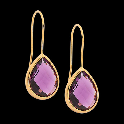 ELLANI STAINLESS STEEL GOLD IP AMETHYST GLASS PEAR HOOK EARRINGS