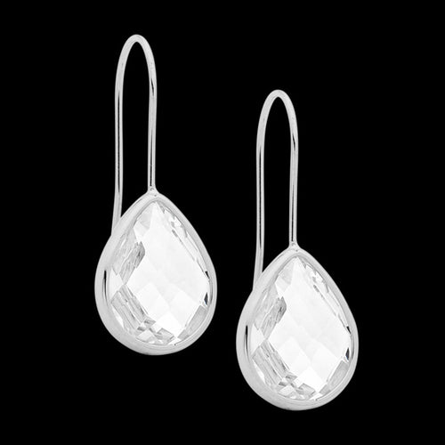 ELLANI STAINLESS STEEL CLEAR GLASS PEAR HOOK EARRINGS