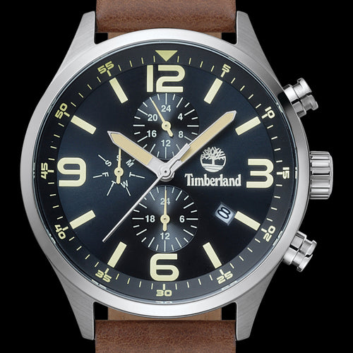 TIMBERLAND RUTHERFORD BLACK DIAL BROWN LEATHER WATCH - DIAL CLOSE-UP