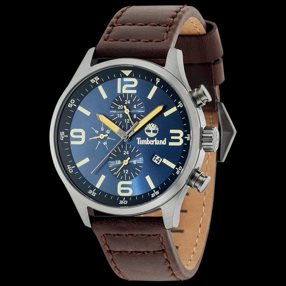 TIMBERLAND RUTHERFORD GUNMETAL BLUE DIAL BROWN LEATHER WATCH - SIDE VIEW