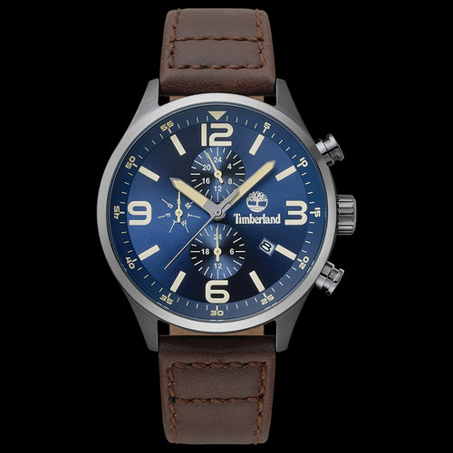 TIMBERLAND RUTHERFORD GUNMETAL BLUE DIAL BROWN LEATHER WATCH