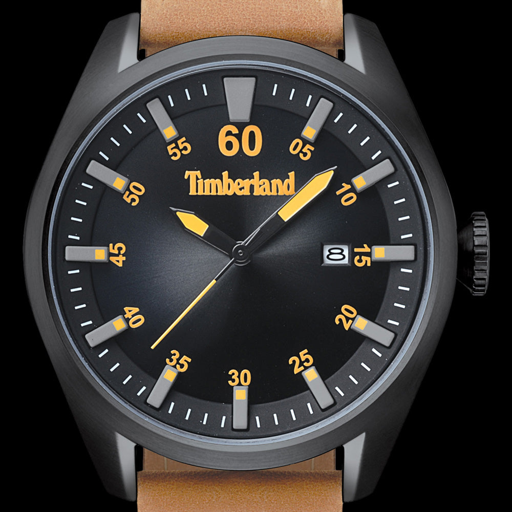 TIMBERLAND BELLINGHAM BLACK DIAL TAN LEATHER WATCH - DIAL CLOSE-UP