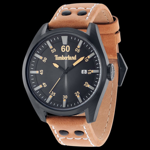 TIMBERLAND BELLINGHAM BLACK DIAL TAN LEATHER WATCH - TILT VIEW