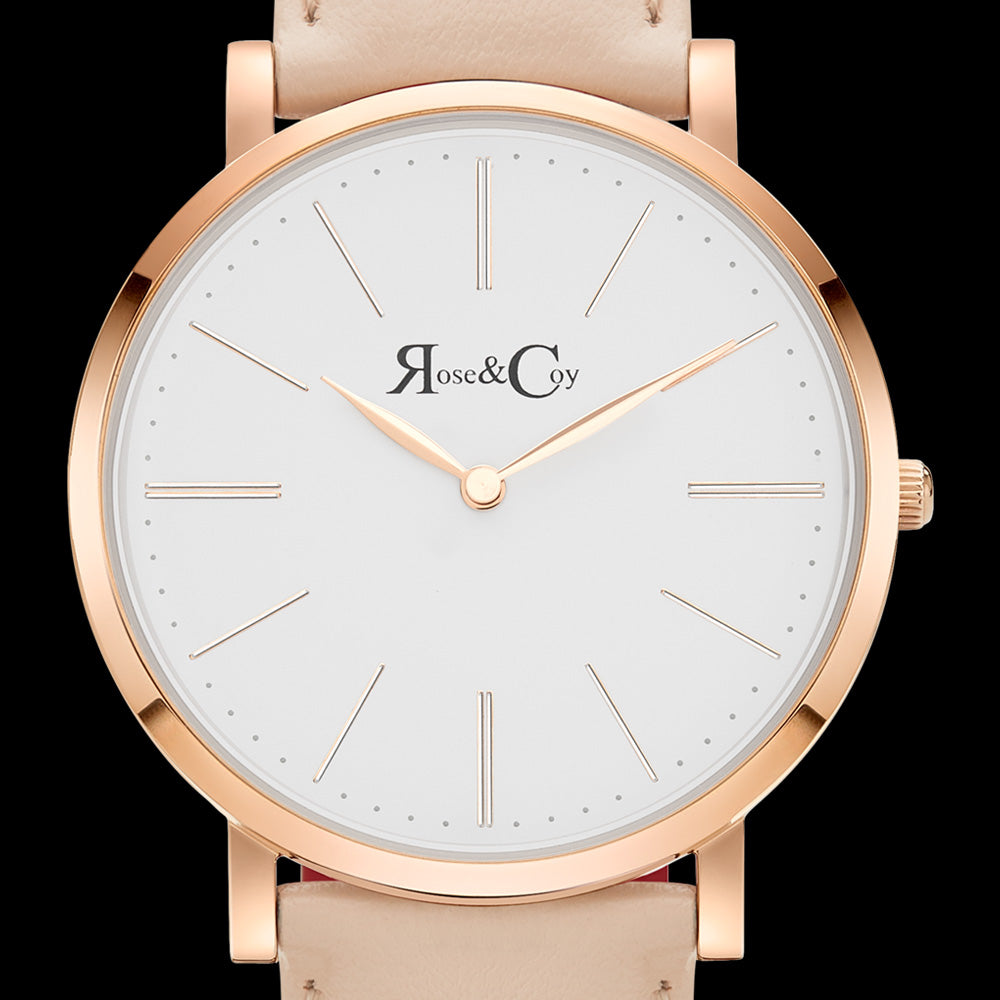 ROSE & COY PINNACLE 40MM ROSE GOLD PEACH WATCH - DIAL CLOSE-UP