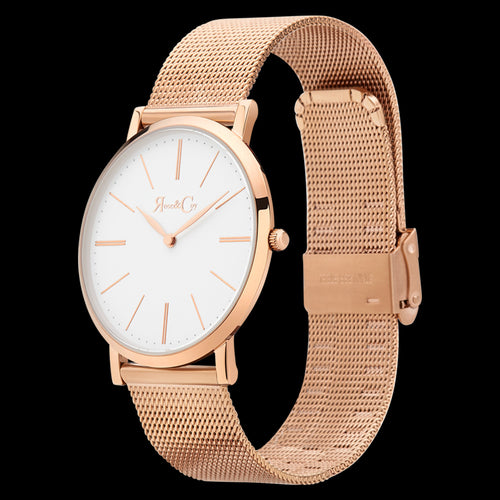 ROSE & COY PINNACLE 40MM ROSE GOLD MESH WATCH - TILT VIEW