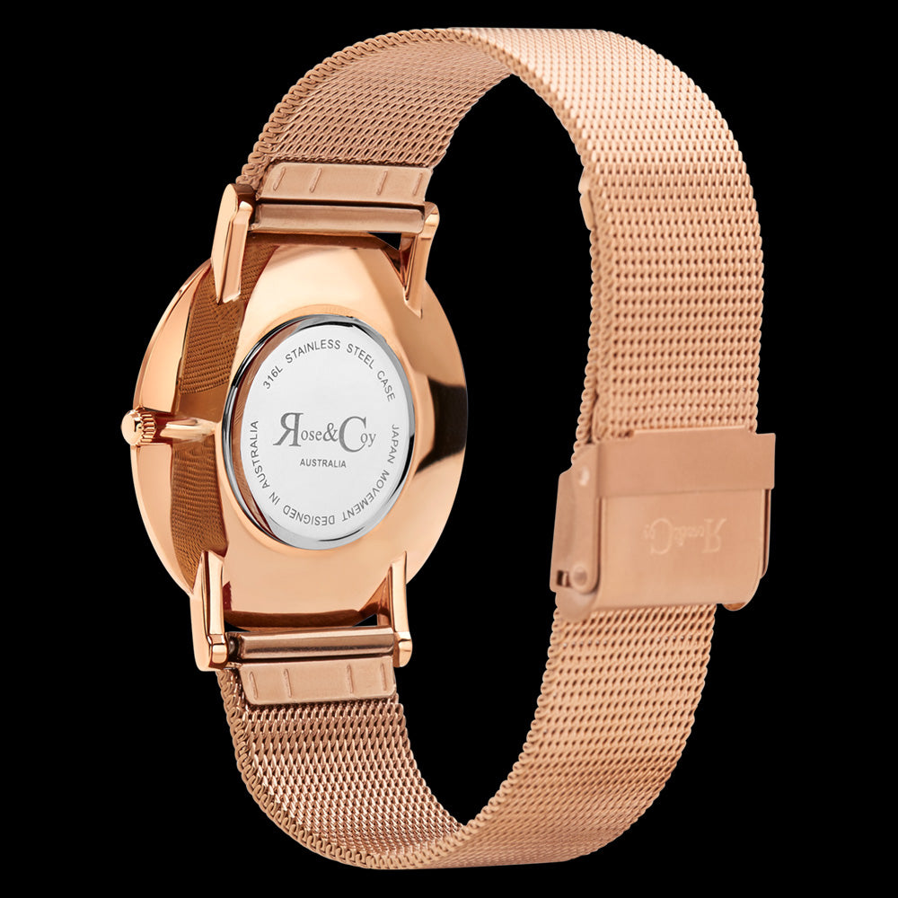 ROSE & COY PINNACLE 40MM ROSE GOLD MESH WATCH  - BACK VIEW