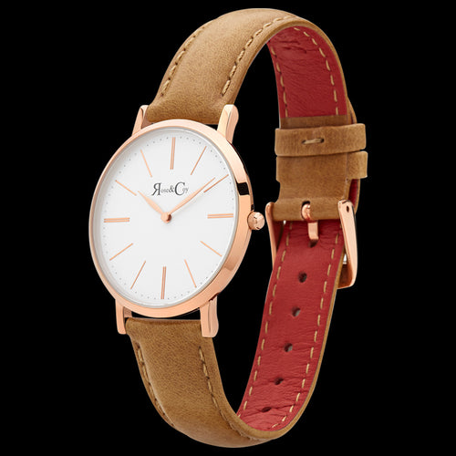 ROSE & COY MINI PINNACLE 34MM ROSE GOLD TAN WATCH - TILT VIEW