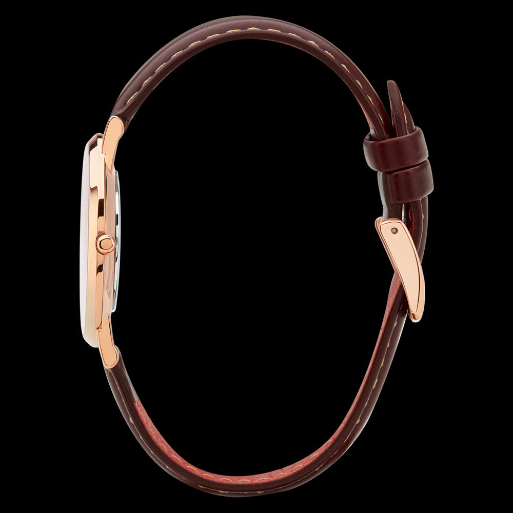 ROSE & COY MINI PINNACLE 34MM ROSE GOLD DARK BROWN WATCH - SIDE VIEW