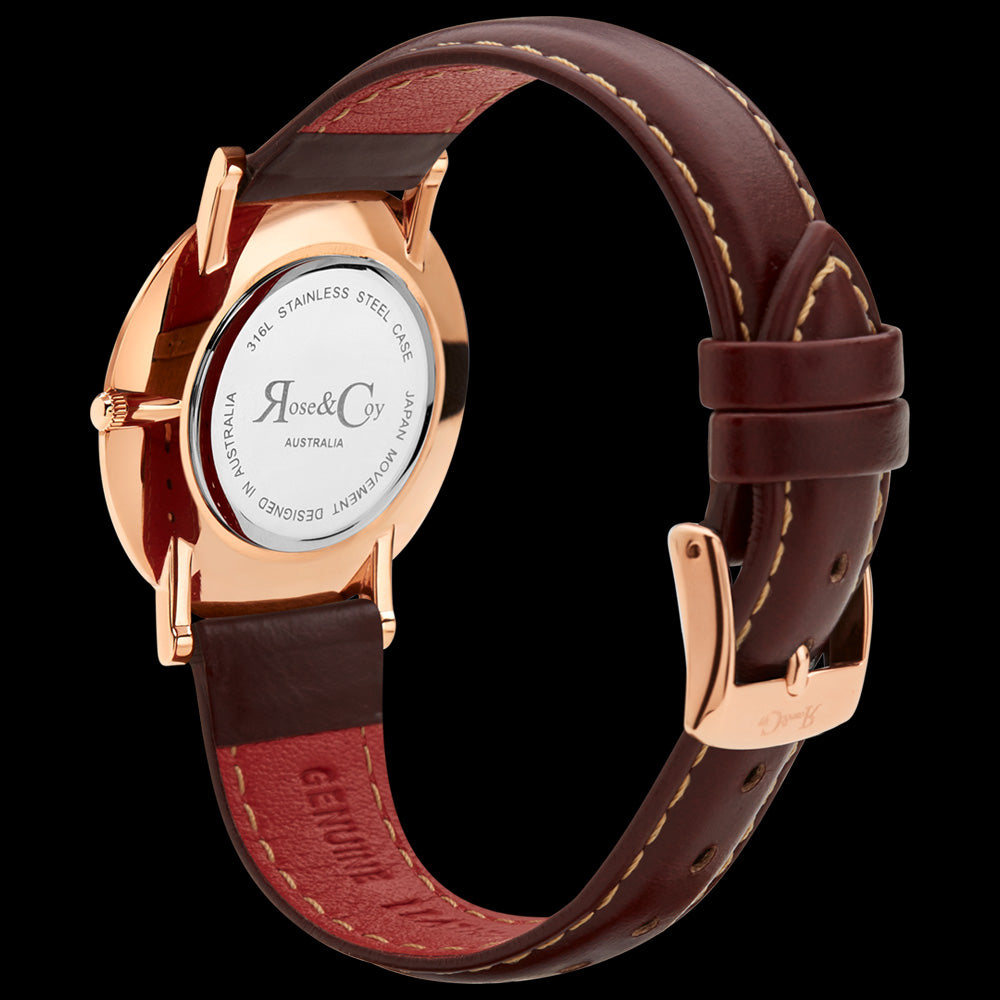 ROSE & COY MINI PINNACLE 34MM ROSE GOLD DARK BROWN WATCH - BACK VIEW