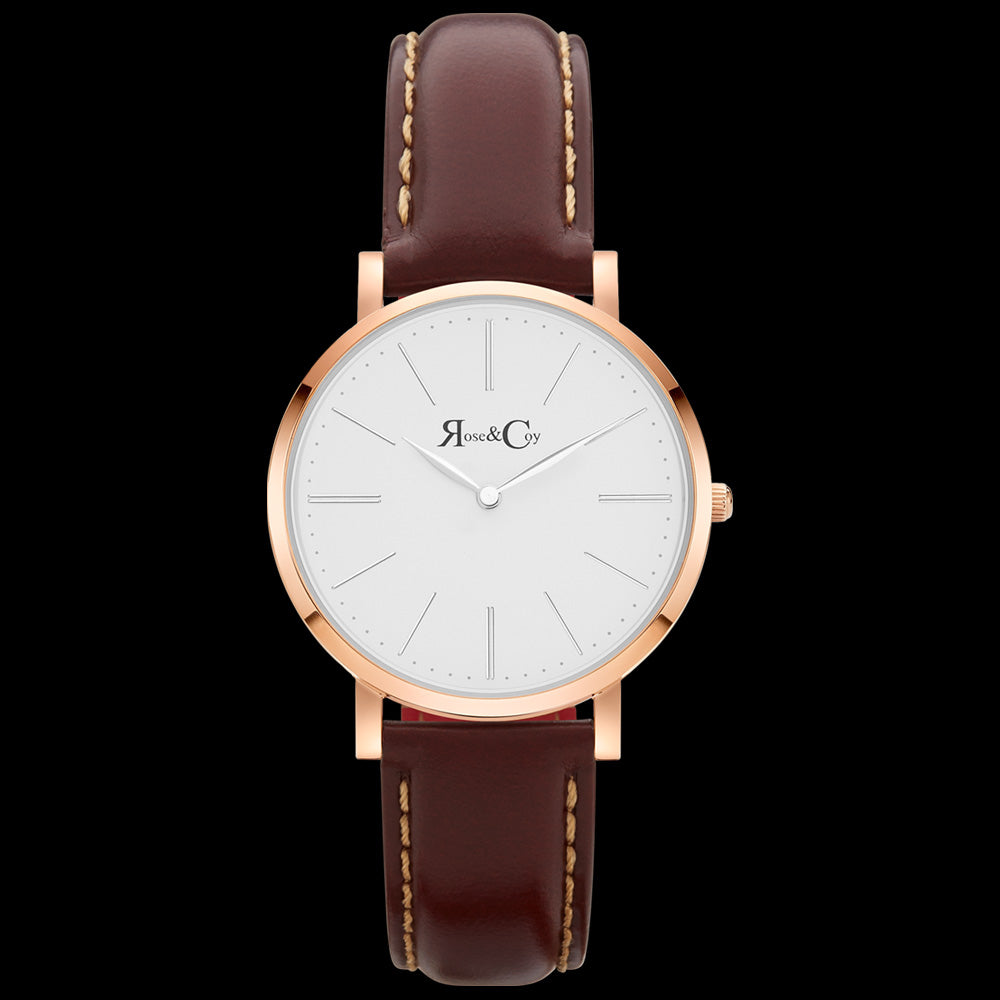 ROSE & COY MINI PINNACLE 34MM ROSE GOLD DARK BROWN WATCH