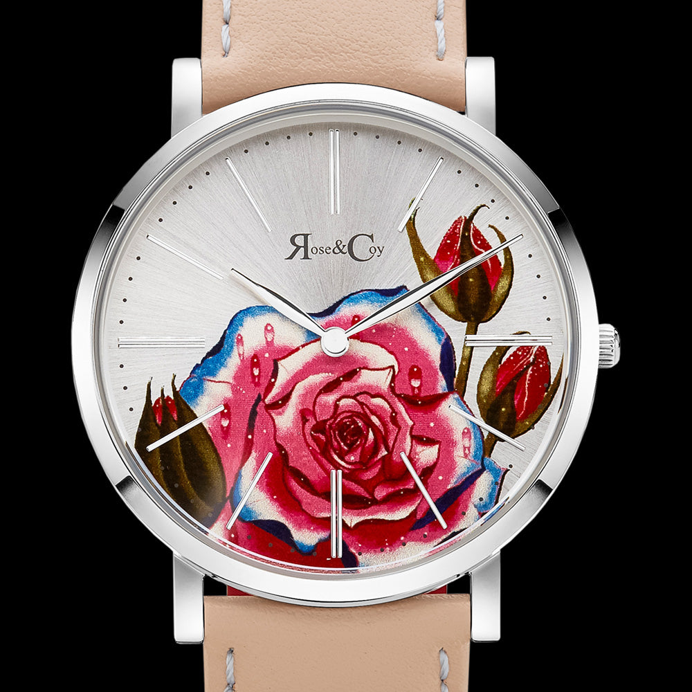 ROSE & COY ART SERIES PINK ROSE 40MM SILVER PEACH WATCH - DIAL CLOSE-UP