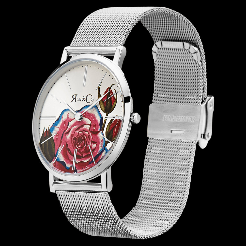 ROSE & COY ART SERIES PINK ROSE 34MM SILVER MESH WATCH - TILT VIEW