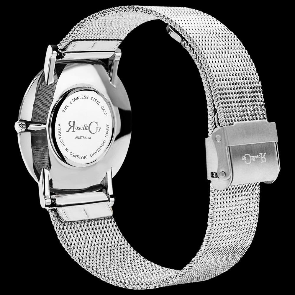 ROSE & COY ART SERIES PINK ROSE 34MM SILVER MESH WATCH - BACK VIEW