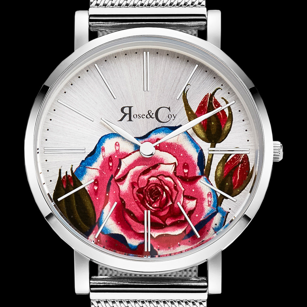 ROSE & COY ART SERIES PINK ROSE 34MM SILVER MESH WATCH - DIAL CLOSE-UP