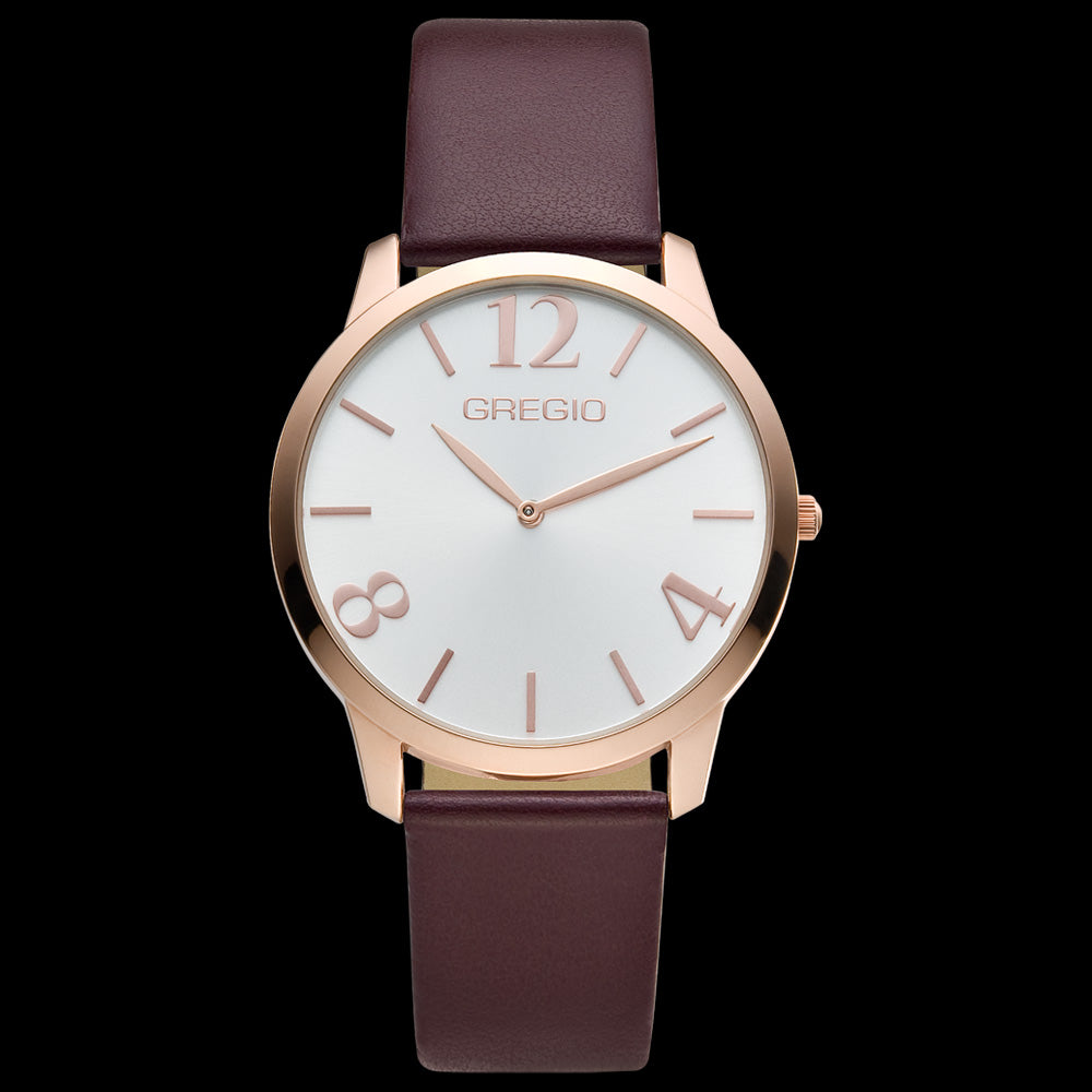 GREGIO SIMPLY ROSE MARSALA II ROSE GOLD LEATHER WATCH