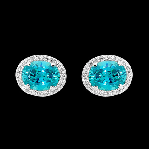 ELLANI STERLING SILVER OVAL PAVE HALO AQUAMARINE EARRINGS 
