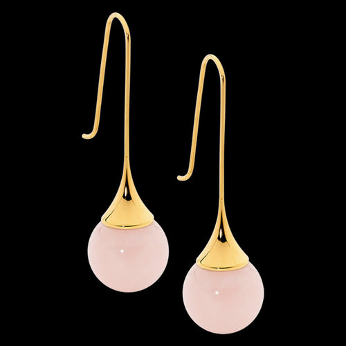 ELLANI STAINLESS STEEL GOLD ROSE QUARTZ LONG DROP BALL HOOK EARRINGS