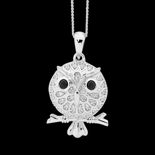 ELLANI STERLING SILVER PUFF OWL ON PERCH CZ NECKLACE