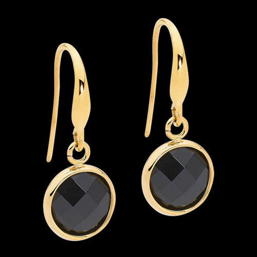 ELLANI STAINLESS STEEL GOLD BLACK GLASS CIRCLE DANGLE HOOK EARRINGS
