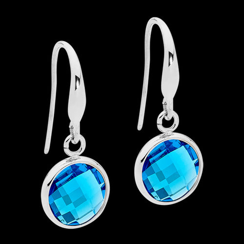 ELLANI STAINLESS STEEL BLUE GLASS CIRCLE DANGLE HOOK EARRINGS