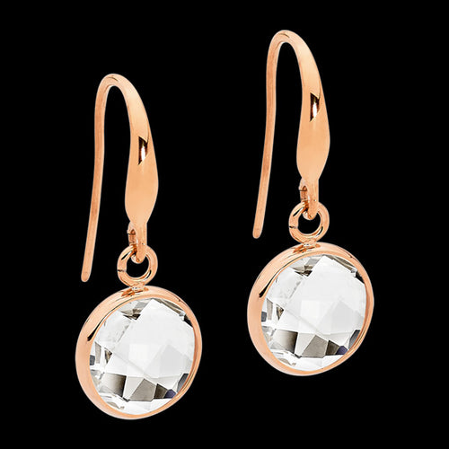 ELLANI STAINLESS STEEL ROSE GOLD CLEAR GLASS CIRCLE DANGLE HOOK EARRINGS