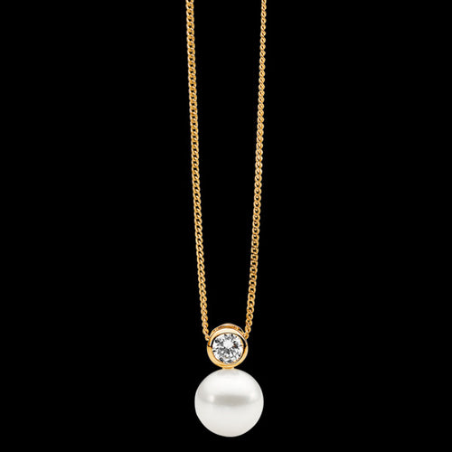 ELLANI STERLING SILVER GOLD BEZEL CZ SOLITAIRE PEARL NECKLACE