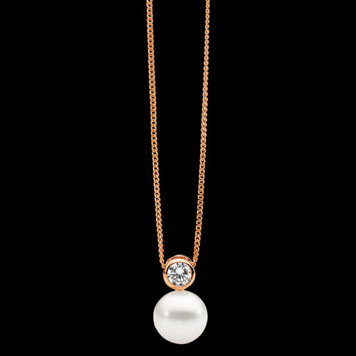 ELLANI STERLING SILVER ROSE GOLD BEZEL CZ SOLITAIRE PEARL NECKLACE