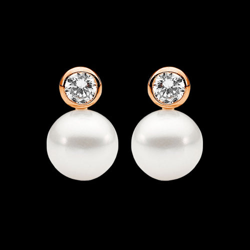 ELLANI STERLING SILVER ROSE GOLD BEZEL CZ SOLITAIRE PEARL EARRINGS