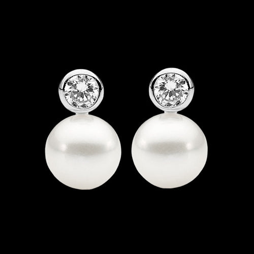 ELLANI STERLING SILVER BEZEL CZ SOLITAIRE PEARL EARRINGS