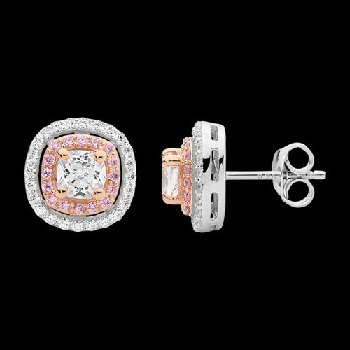 ELLANI STERLING SILVER ROSE GOLD DOUBLE HALO CUSHION CZ EARRINGS