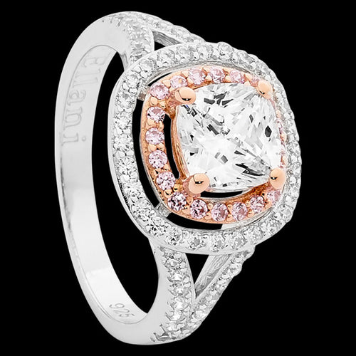 ELLANI STERLING SILVER ROSE GOLD DOUBLE HALO CUSHION SPLIT BAND CZ RING