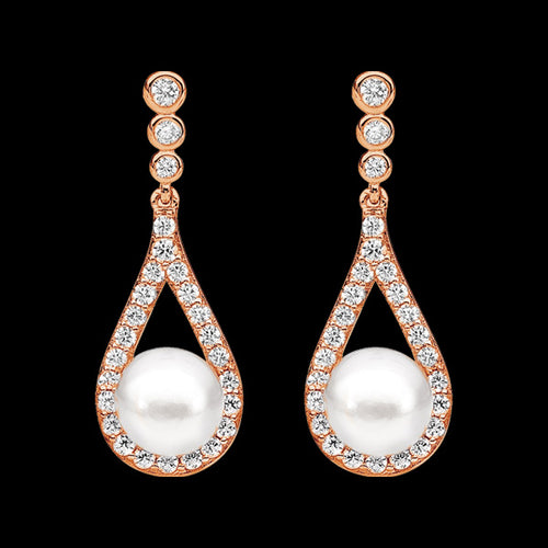 ELLANI STERLING SILVER ROSE GOLD OPEN DROPLET BEZEL CZ PEARL EARRINGS