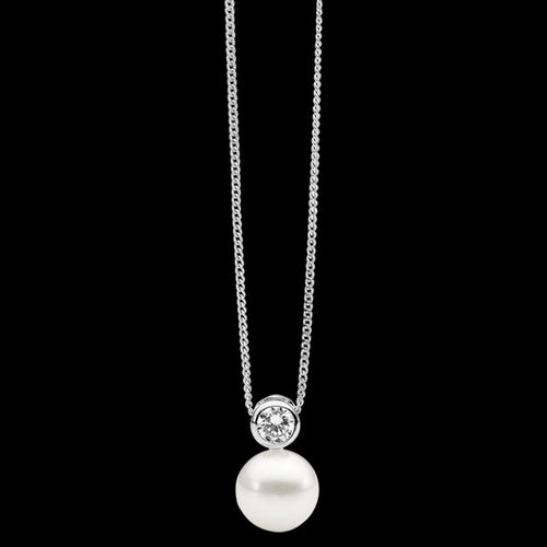 ELLANI STERLING SILVER BEZEL CZ SOLITAIRE PEARL NECKLACE