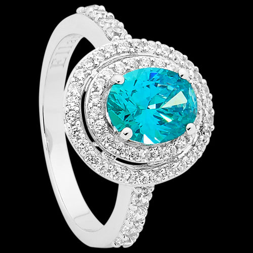 ELLANI STERLING SILVER AQUAMARINE CZ OVAL DOUBLE HALO RING