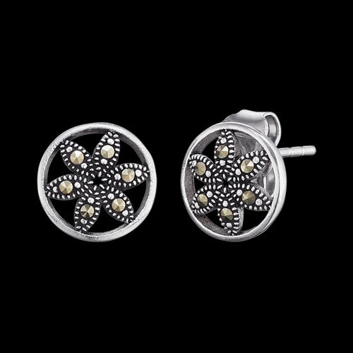 ENGELSRUFER SILVER MARCASITE FLOWER OF LIFE STUD EARRINGS