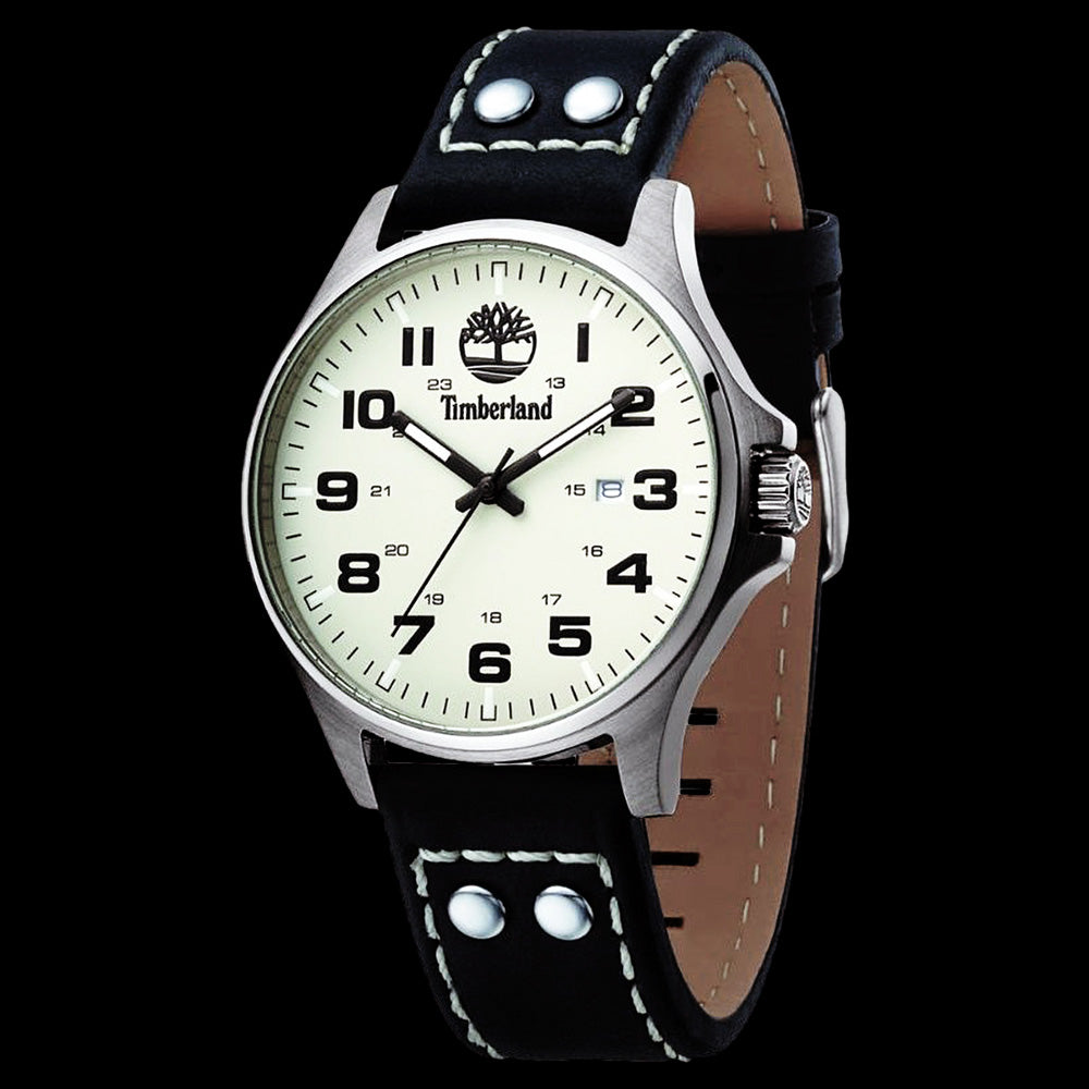 TIMBERLAND ALSTEAD SILVER CREAM DIAL BLACK LEATHER WATCH