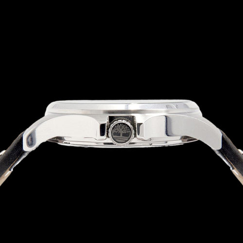 TIMBERLAND ALSTEAD SILVER CREAM DIAL BLACK LEATHER WATCH - SIDE VIEW