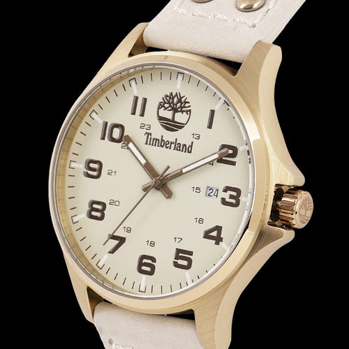 TIMBERLAND ALSTEAD GOLD SAND DIAL LEATHER STRAP WATCH - TILT VIEW