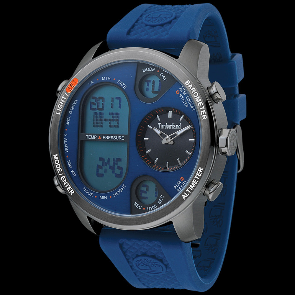 TIMBERLAND HT4 GUNMETAL BLUE DIAL DARK BLUE LEATHER WATCH - SILICONE BAND