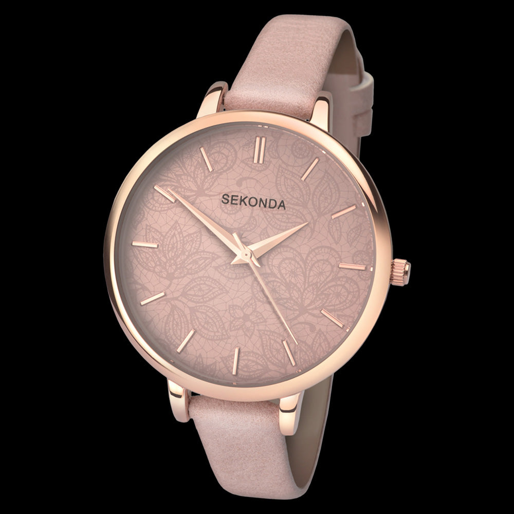 SEKONDA LADIES ROSE GOLD FLORAL ETCHED DIAL MUSK WATCH - TILT VIEW