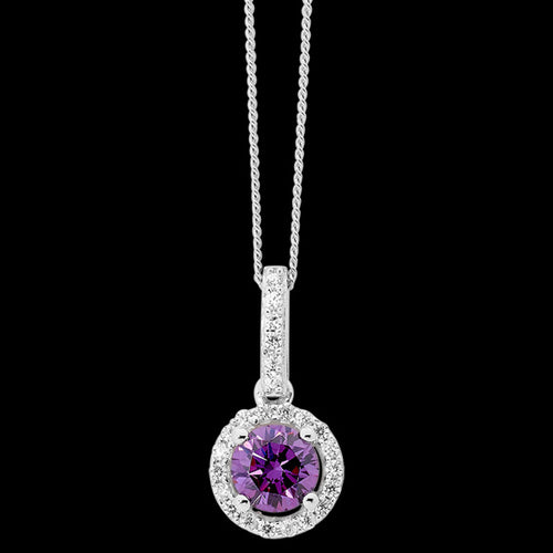 ELLANI STERLING SILVER HALO PAVE AMETHYST NECKLACE 