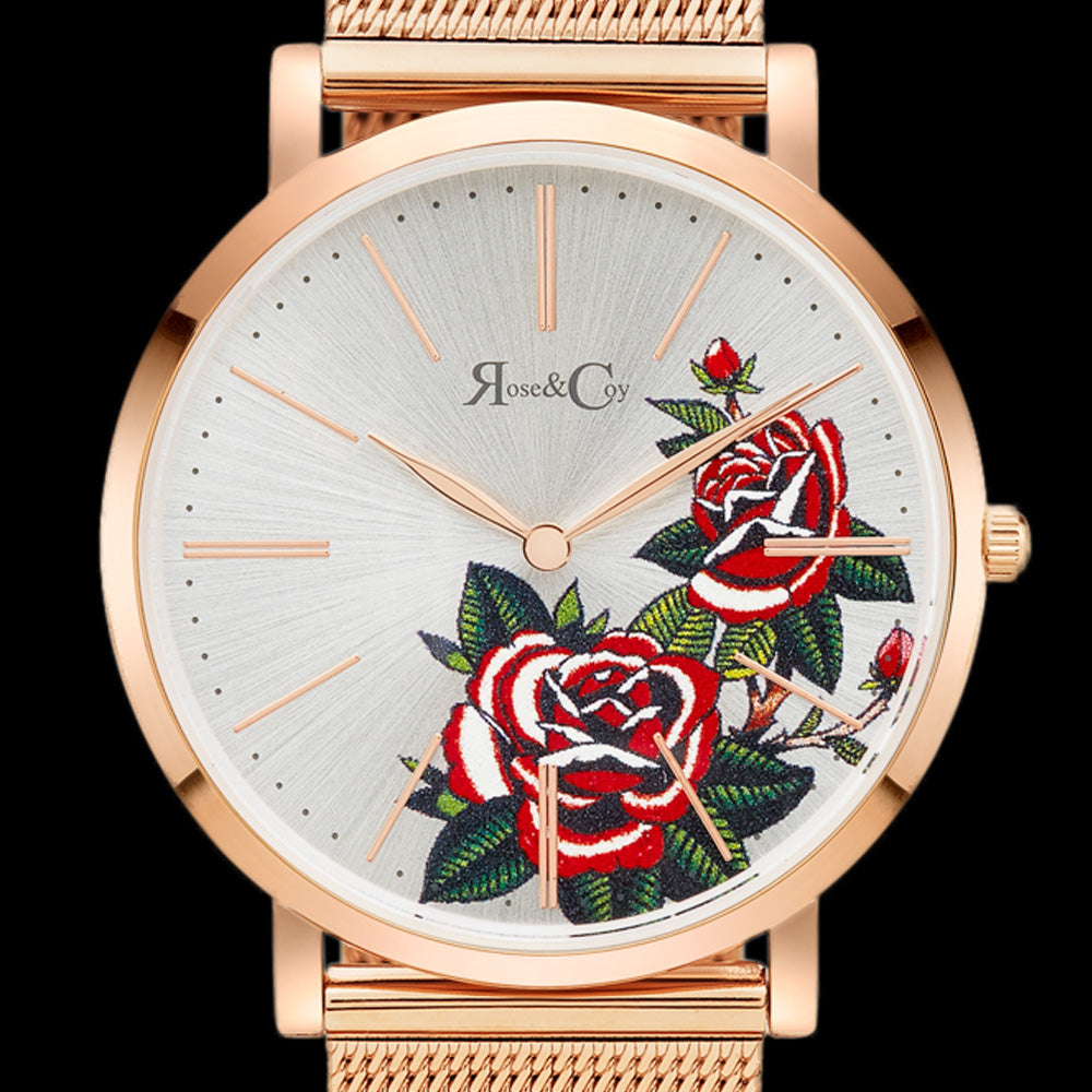 ROSE & COY ART SERIES RED ROSE 40MM ROSE GOLD MESH WATCH - DIAL CLOSE-UP