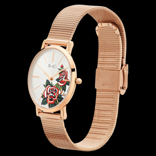 ROSE & COY ART SERIES RED ROSE 34MM ROSE GOLD MESH WATCH - TILT VIEW
