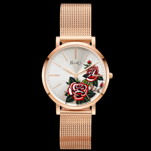 ROSE & COY ART SERIES RED ROSE 34MM ROSE GOLD MESH WATCH