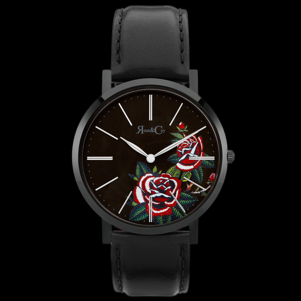 ROSE & COY MIDNIGHT RED ROSE 40MM BLACK LEATHER WATCH