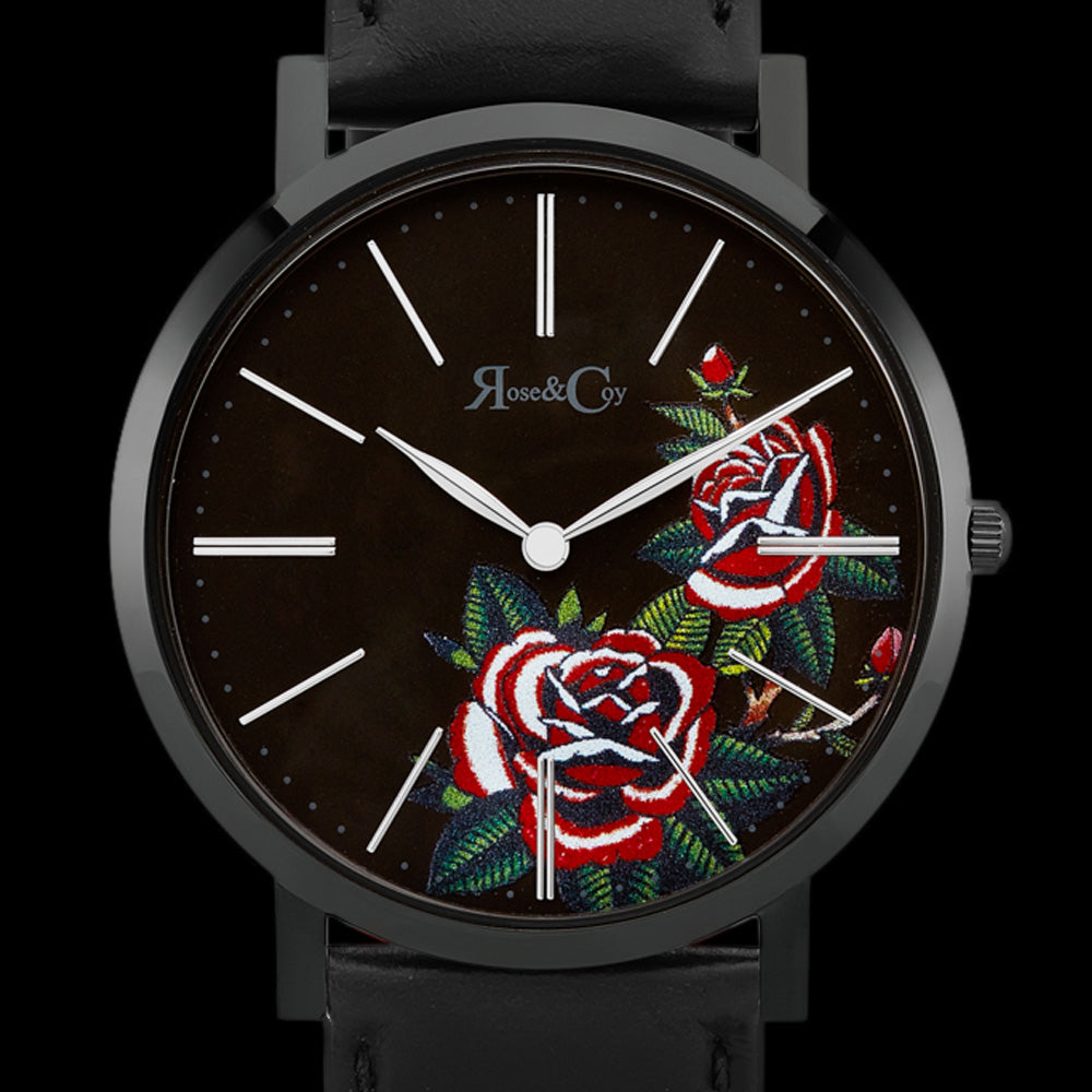 ROSE & COY MIDNIGHT RED ROSE 40MM BLACK LEATHER WATCH - DIAL CLOSE-UP