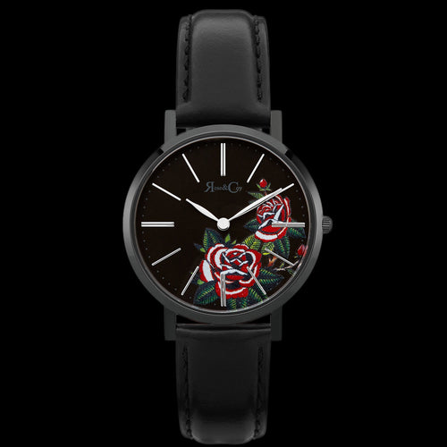 ROSE & COY MIDNIGHT RED ROSE 34MM BLACK LEATHER WATCH