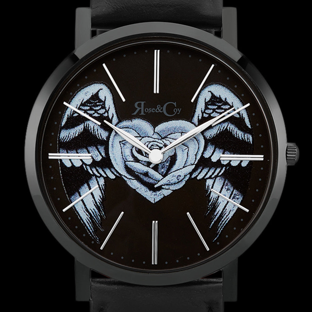 ROSE & COY MIDNIGHT WINGED ROSE HEART 40MM BLACK LEATHER WATCH - DIAL CLOSE-UP